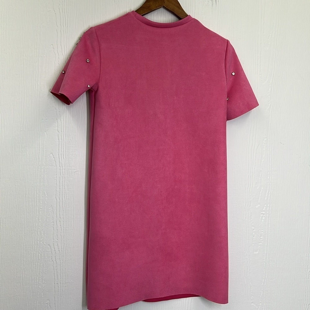 Zara - Pink Faux Suede Jewel Rhinestone Light Short Sleeve Mini Dress Size XS - Picture 13 of 13